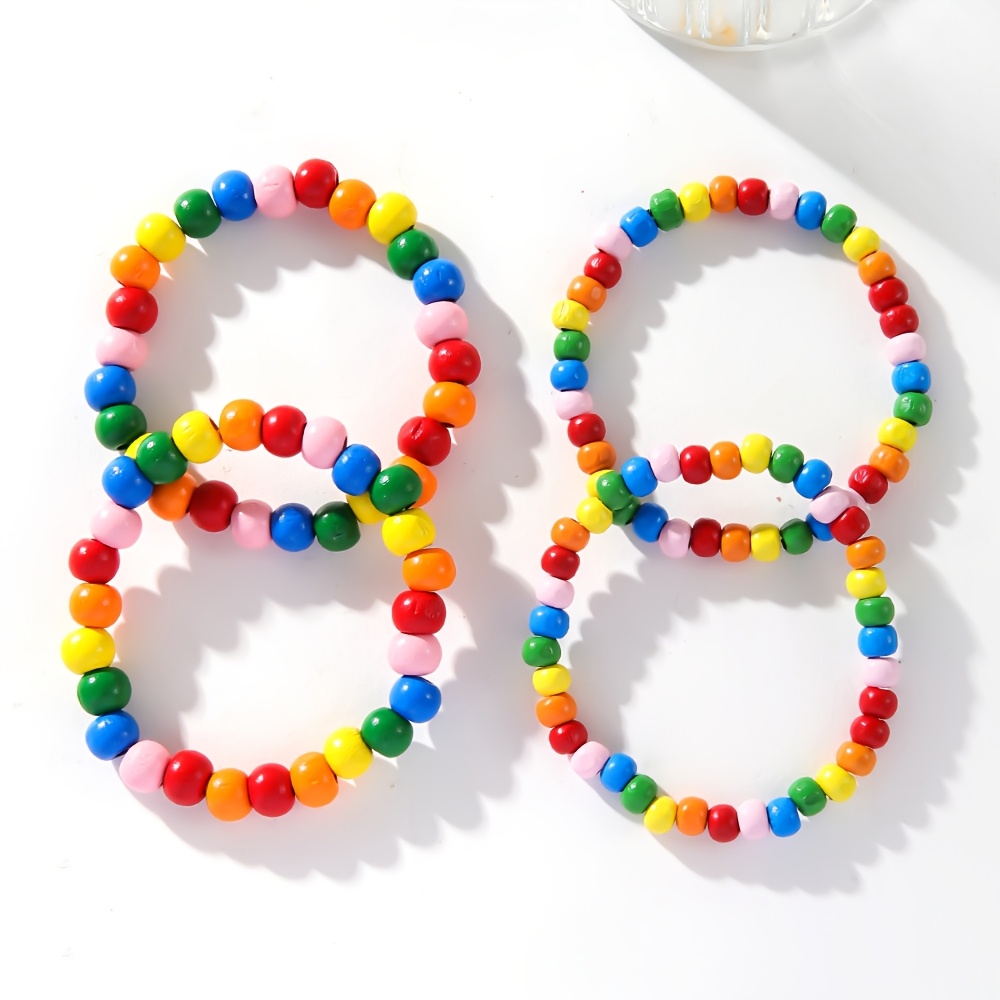 4pcs Rainbow Wooden Bead Bracelet Set Boho Style Layer Stretch Bangle